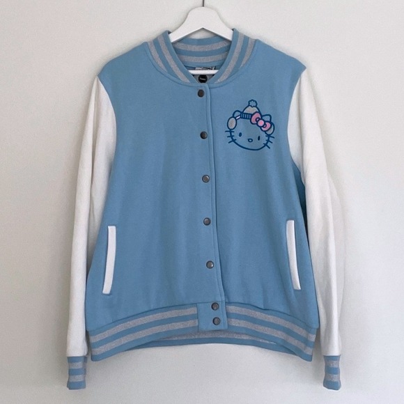 Hello Kitty Ski Club Varsity Jacket Blue White Pink Embroidered Full Snap L - Picture 2 of 7